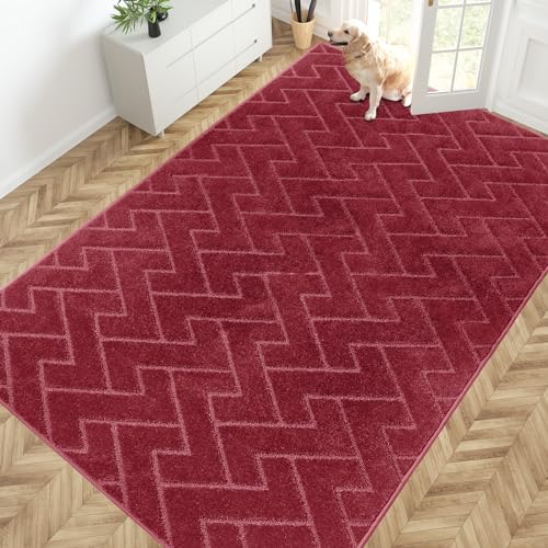 PURRUGS Easy Care Area Rug 6ft x 9ft, Non-Slip Machine Washable Entry Rug, Dog Door Mat, Stain Resistant Accent Rug for Hallway, Bedroom, Living Room and Mudroom, Cherry Red