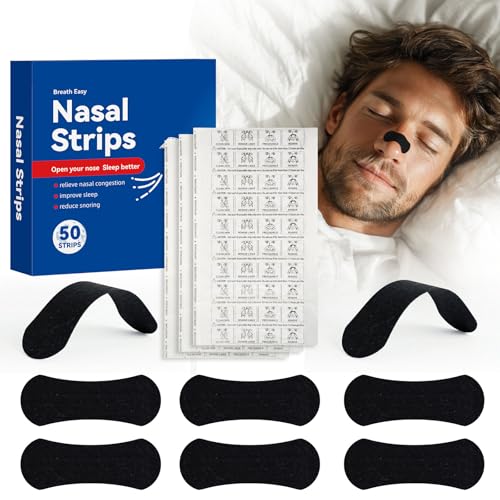 RAYGARD 50 Pièces Bandes Nasales, Bandelettes Noir pour Respirer, Adhérence Dilatateur Nasal Strips pour Améliorer la Respiration et le Sommeil, Adhésif qui Dure Jusqu'à 8 Heures