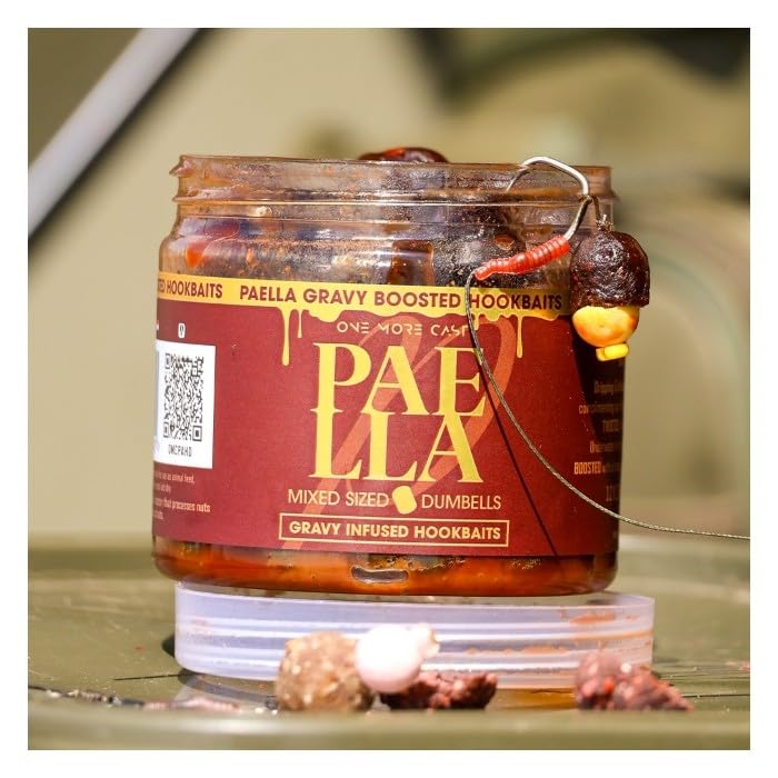 One More Cast OMC Paella Gravy Infused Hookbaits - Spicy Savoury Carp Fishing Hookbaits with Meat, Shellfish, Squid & Krill Attractors - Mixed 12x16mm & 14x18mm Dumbell Baits
