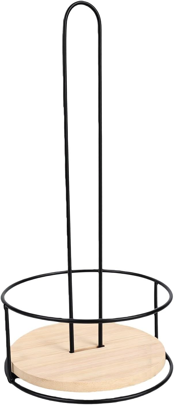Iron Paper Towel Holder with Stable Base Countertop Standing Roll Dispenser, Rustic Farmhouse Black Wood Kitchen Towel Rack for Jumbo Rolls, One Hand Tear Bar Portable Handle