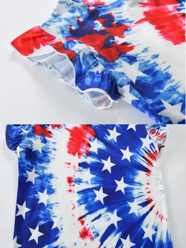 Image of Toddler Girls July 4th Shirts American Flag Ruffle Short Sleeve Patriotic Red White Blue Star Outfits Blouse Tops