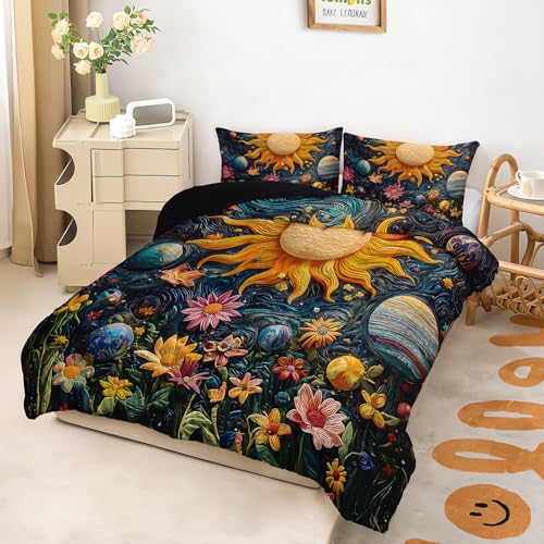 Image of AILONEN Space Galaxy Soft Comforter Set Queen Size,3-Piece Sun Planet Starry Flower Boho Bedding Set,Boys Girls Kids Printed Duvet with 2 Pillowcases