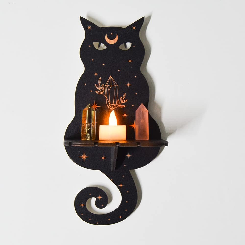 Black Crystal Display Shelf with Crystal Pendulum Holder, Witch Bat Moth Stuff, Wooden Kit, Hanging Rustic Stand