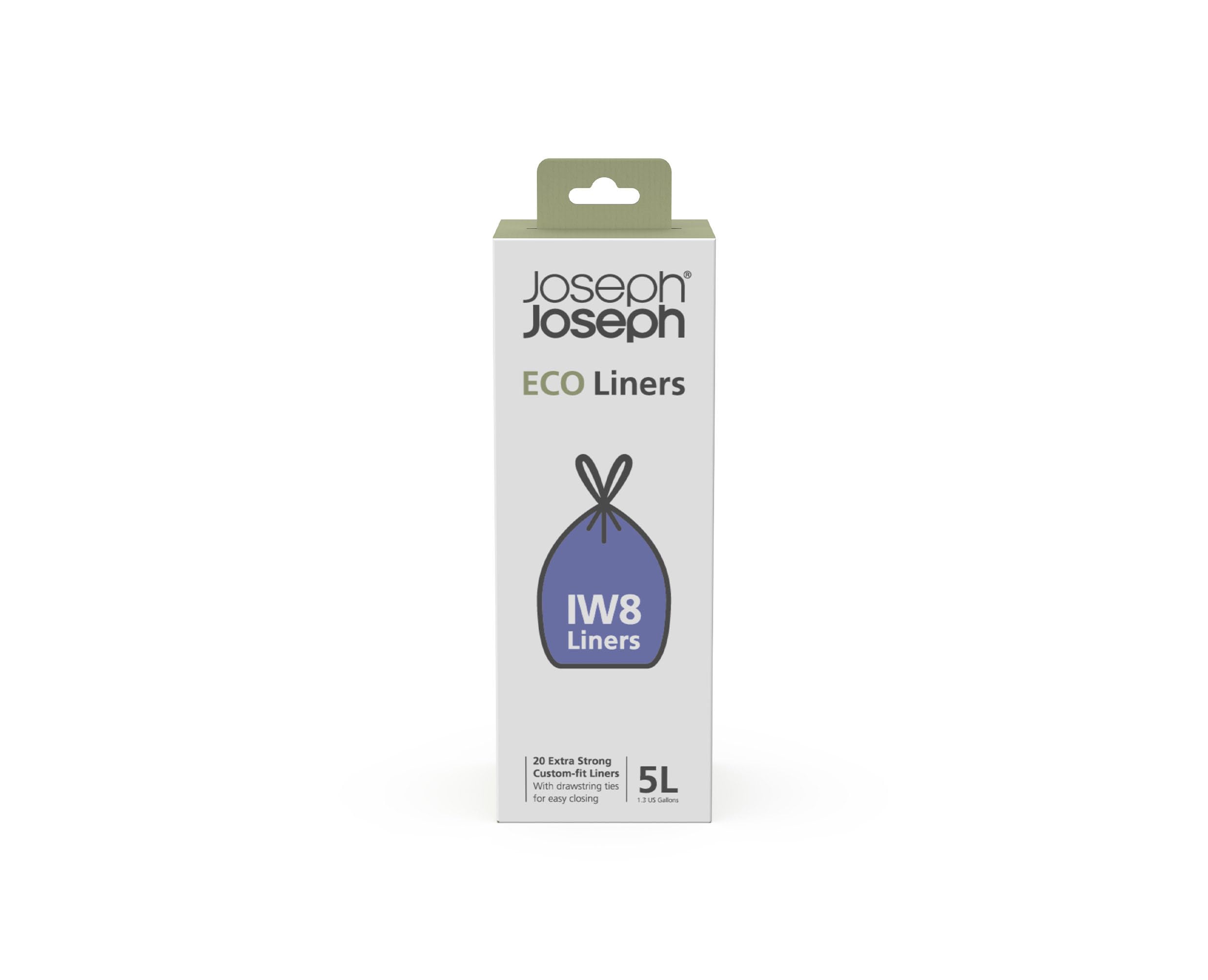 Joseph Joseph Eco Liners IW8 Eco Recycled plastic Bin Liners, Kitchen Bathroom Trash Bags With Tie Tape Drawstring Handles, Extra Strong – Pack of 20,