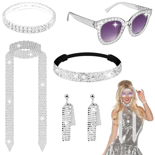 SevenFish - SevenFish 6pcs 70s Disco Outfits for Women, 70s Women Disco Accessories Disco Costume Disco Sequin Scarf Headband Earrings Bracelet Sunglasses for Teen Adult Women Costume Dress Up Cosplay Halloween Birthday Party, Silver