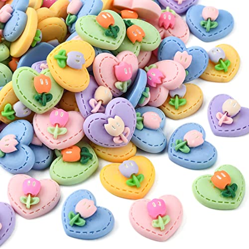 LiQunSweet 100 Pcs Resin Heart with Tulip Flower Flatback Charms for Handicraft Scrapbooking Phone Case Decor Jewelry Making Hair Clip
