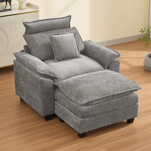 Image of 46''Cloud Oversized Sofa Chair with Detachable Headrest, Upholstered Comfy Arm Accent Chair with Ottoman,Modern Chenille Reading Lounge Armchair for Living Room,Bedroom, Light Grey
