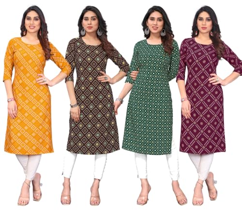 Image of JAKHANA Women's Crepe Printed Casual Straight Calf Length Round Nick Kurta Pack of 4