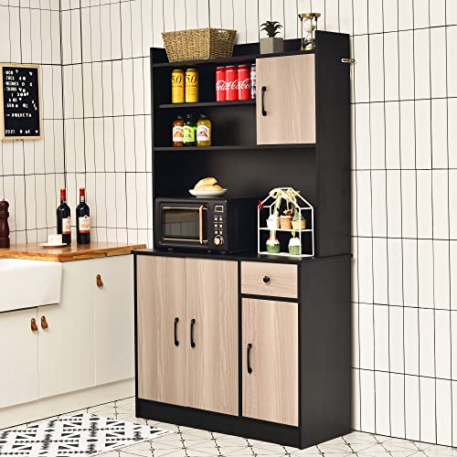 Loko Kitchen Pantry Storage Cabinet, Kitchen Buffet With Hutch With Adjustable Shelves And Cable Management Hole, Tall Kitchen Hutch With Anti-Tip Devices, 39.5 X 15.5 X 71 Inches (Black) #TOP4
