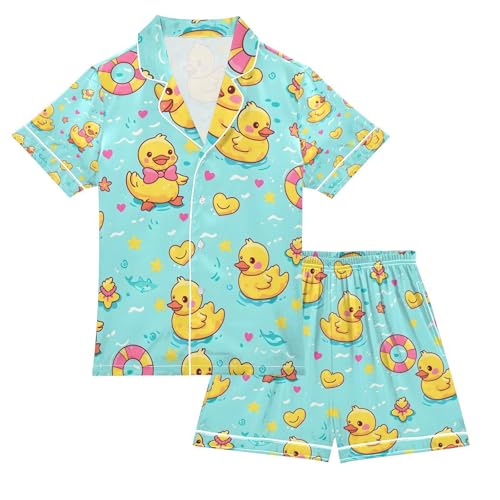 senya Adorable Ducklings Satin Summer Pajama Sets Silk Short Sleeve Button Down Sleepwear