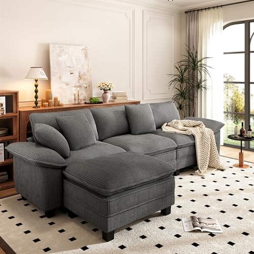 Image of PHI VILLA Cloud Modular Couch Sets, 123.6 inch Sectional Sofa with L-Shaped Chaise, 4-Seater Upholstered Couches with MCorduroyovable Ottoman for Living Room, Corduroy Fabric, Grey