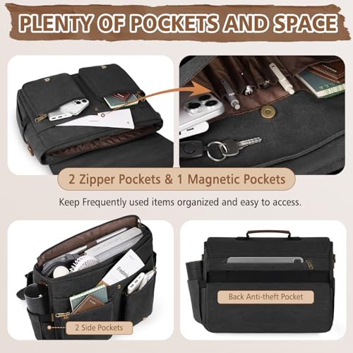 RAINSMORE Messenger Bag for Men 15.6-17.3 Inch Laptop Bag Water-resistant Canvas Briefcase Large Computer Satchel Shoulder Bag for Work College Travel, Black - Thumbnail 3