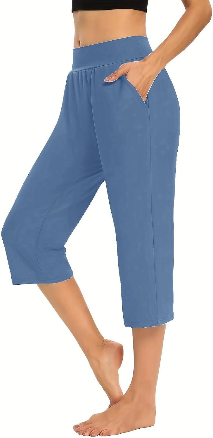 Capri Pants for Women Wide Leg Yoga Leggings Elastic High Waist Gym Workout Athletic Capris Casual Lounge Pants with Pockets