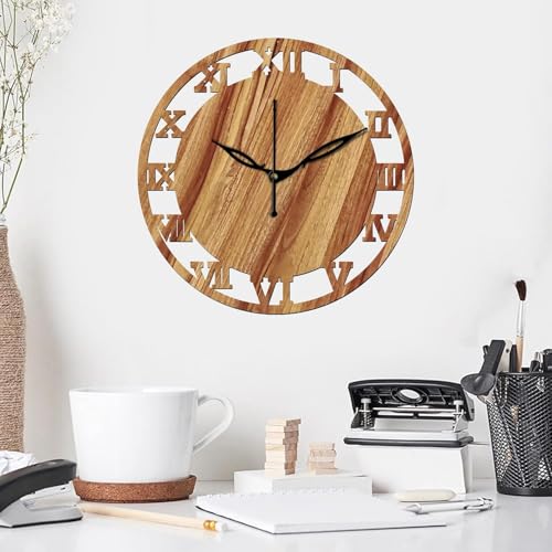 Image of SKYVILLA 12 Inch Wooden MDF Analog Wall Clock with Romans | Silent Quartz Movement | Lightweight Without Glass Design (Beige)