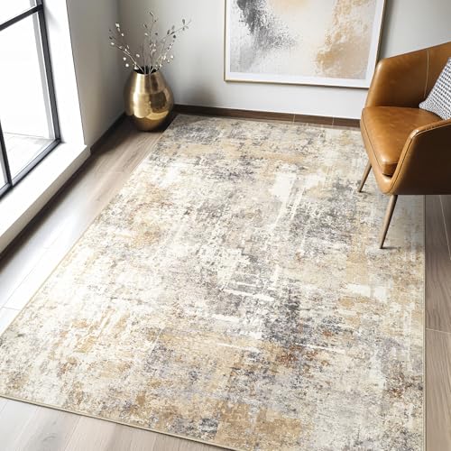 4x6 Rug Washable Area Rugs: Abstract Modern Soft Stain Resistant Indoor Floor Accent Non Slip Carpet for Living Room Entryway Kitchen Bedroom Nursery Office Bedside Home House Decor- Gray Gold