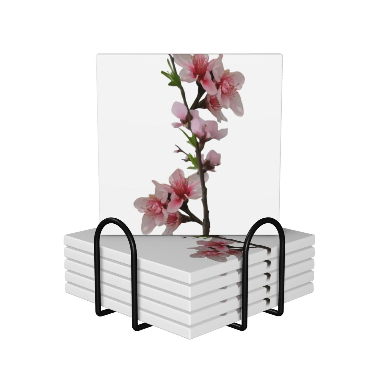 Lot de 6 dessous de verre carrés en céramique fleurs de pêcher avec support en liège