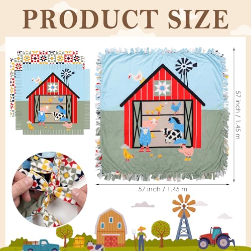 Image of Chumia 2 Pcs /1 Set Farm Animal DIY Tie Throw Blankets Farm Party Fleece No Sew Blanket Craft Kit 57 x 57 Inch Make Your Own Farmhouse Animals Blanket Farmhouse Animals Party Gifts for Bed Couch