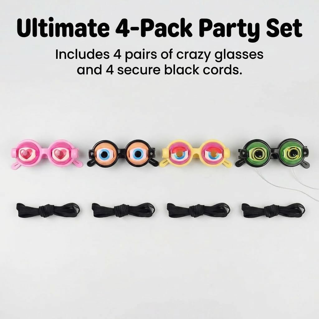 4Pcs Funny Glasses for Adults Crazy Blinking Eyes (with 4 Glasses Cords), Eyes Glasses Adult Size Silly Sunglass With Blinking Eyeball for Party and Performances(Black, Pink, Yellow, Green)