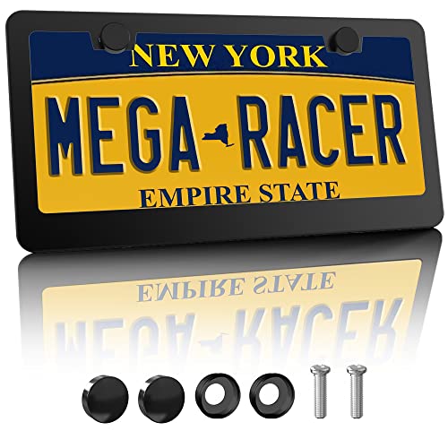 Mega Racer Metal Black License Plate Frame - 2 Hole Slim Front Or Rear Black Aluminum License Plate Frames With Stainless Steel Screws And Black Screw Caps (1 Piece) #TOP15