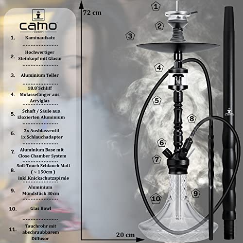 Camo Lite Shisha Set Aluminium Alu Schwarz 72 cm Hookah Wasserpfeife Steinkopfset Acryl Molassefänger 18/8 Schliff Base… – Bild 3