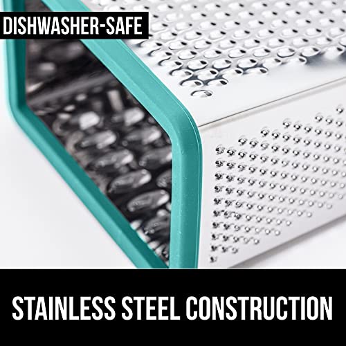 Gorilla Grip Stainless Steel Box Grater, 4-Sided Xl Cheese And Spice Graters With Handle, Slice, Shred, Grate Vegetables, Ginger, Potato, Handheld Food Shredder, Zester, Includes Container, Turquoise #TOP3