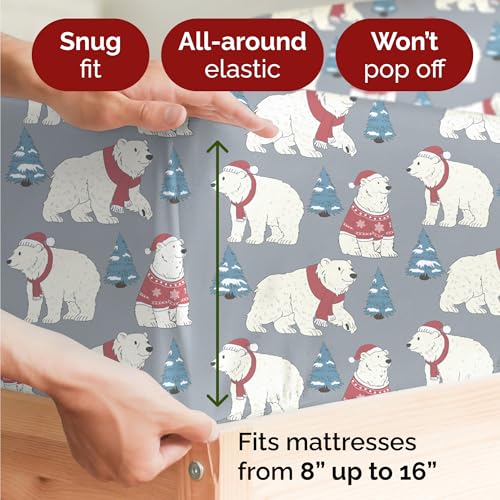 Split King Christmas Santa Bears Sheet Set - Holiday Xmas Pattern Bedding Set - Deep Pockets - Snug Fit - 5 Piece - Wrinkle Free - Comfy Festive Winter - Holiday Sheets for Women, Men, Kids & Teens