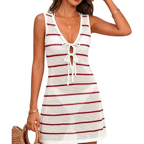 Robe de plage en crochet chic à rayures tendances coupe sans manches
