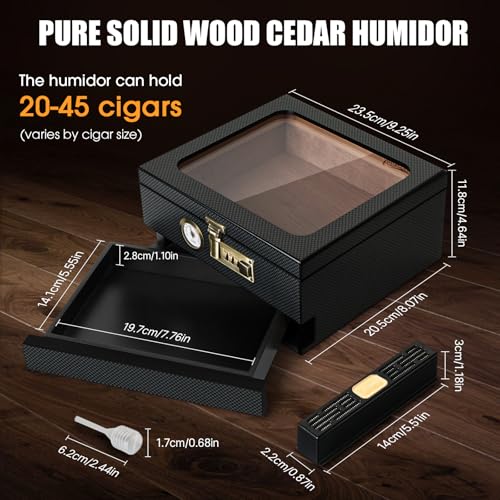 Tesonway Cigar Humidor, Cedar Wood Humidor Cigar Box, Glass Top Desktop Humidor with Front Hygrometer, Humidifier, Divider, Accessories Drawer and Combination Lock, Cigar Gifts for Men (Carbon Black) - Thumbnail 4