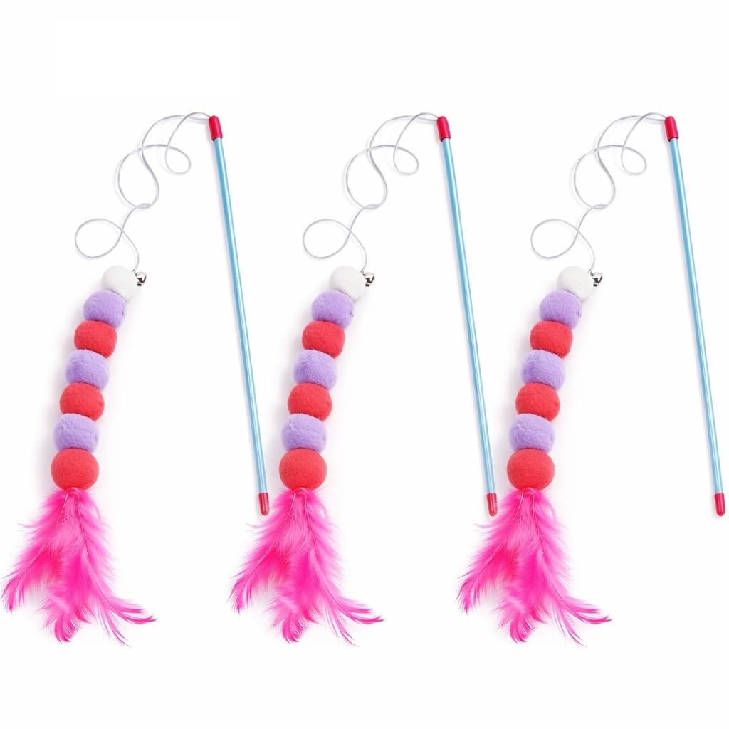 ZACAL Cat Toy Wand Teaser, Interactive Play Set with Rainbow Ribbon, Feather and Plush Worm Attachments, 3 Pack (Purple with Bell and Feather (Pack of 3)) — image 1