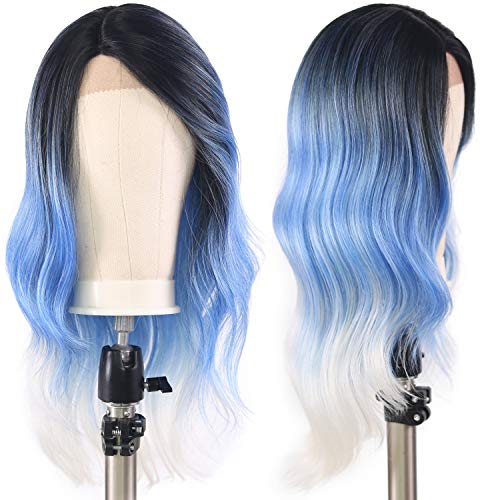 X-TRESS Body Wave Synthetic Lace Front Wigs Blue Glueless Side Part Long Wavy Wigs Ombre Blue 20Inches L-part Sky Blue Lace Front Wigs For Women (R3217)…