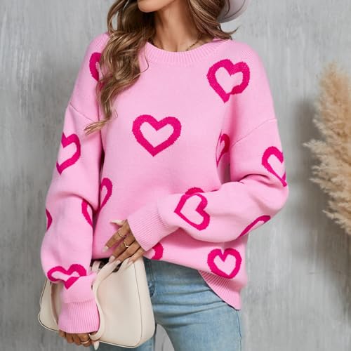 Image of Women Y2k Valentines Oversized Knit Sweater Heart Print Long Sleeve Crew Neck Loose Pullover Tops Streetwear