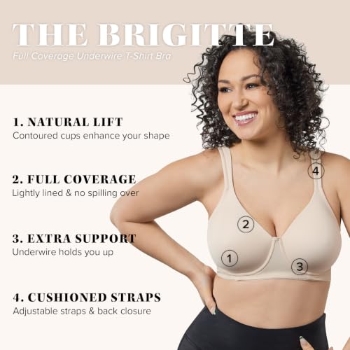 Image of Leading Lady, Brigitte Full Coverage, Underwire, Lightly Padded T-Shirt Bra, Side & Back Smoothing, Adjustable Straps,36A-54G