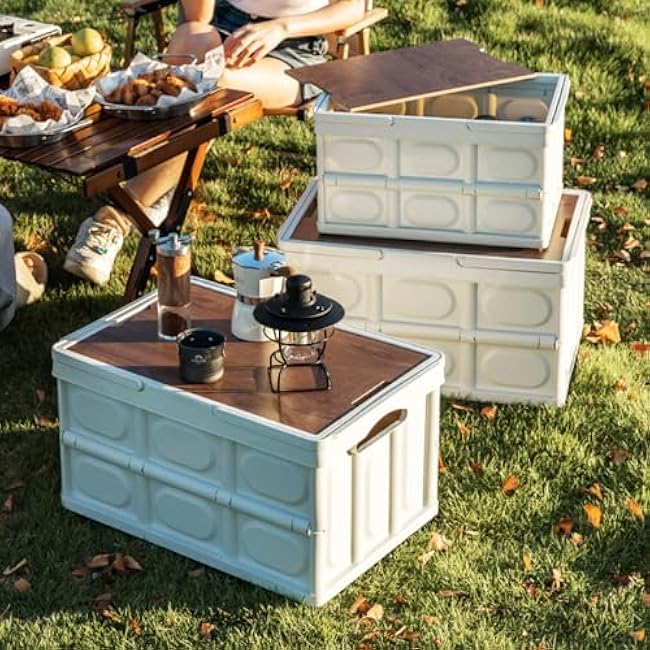 Plastic Trunk Organizer Box Collapsible Basket with Lid Students Books Storage and Transporting Container Stackable Crate for Camping Car Store