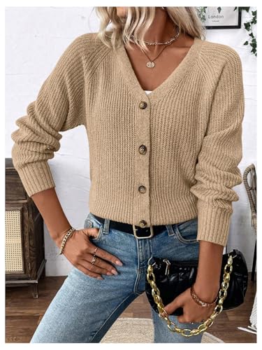Image of MakeMeChic Women's V Neck Button Down Long Sleeve Cardigan Sweater Drop Shoulder Ribbed Knit Outerwear Brown Small