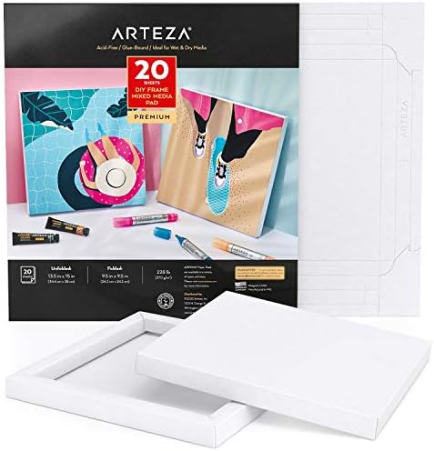 ARTEZA Mixed Media Paper Foldable Canvas Pad, 9.5x9.5 Inches, 20 Sheets, DIY Frame, Heavyweight Multimedia Paper, 228 lb, 370 GSM, Acid-Free, Art Supplies for Painting & Mixed Media Art