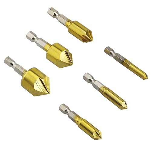 Juego de 6 brocas avellanadas para contador de 5 flautas y herramientas de perforación central de 90 grados, vástago hexagonal HSS de 14 pulgadas
