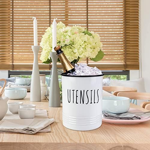 Karisky Utensil Holder, Metal Kitchen Utensil Storage, Modern Farmhouse Cookware Crock Caddy Organizer for Kitchen Countertop Decor, 13 x 17cm, White