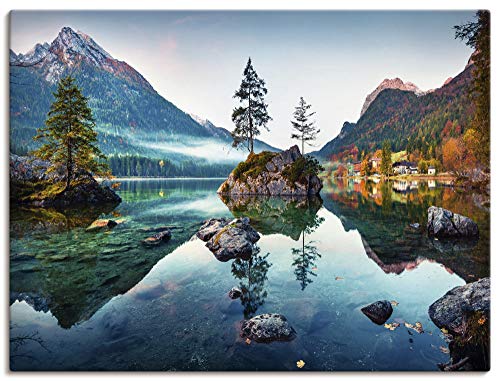 ARTLAND Wanddeko Leinwand Bilder Wandbild 80x60 cm Querformat Landschaft Alpen Berge See Natur Herbst Wald U1TM