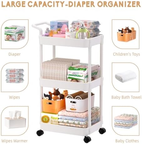 Volnamal Baby Diaper Caddy, Plastic Movable Cart for Newborn Nursery Essentials Diaper Storage Organizer for Changing Table & Crib, Easy to Assemble, Baby Registry, Off-White - 5