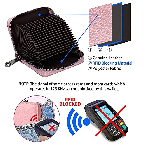 Image of Credit Card Case Wallet RFID Blocking Card Holder for Women or Men Genuine Leather Small Accordion Wallet with zipper Pink Black