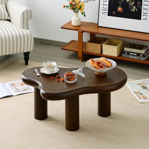Image of Solid Wood Coffee Table for Living Room | Modern Low Center Table with Thick Round Legs | Wooden Tea Table Sofa Side Table for Home Decor