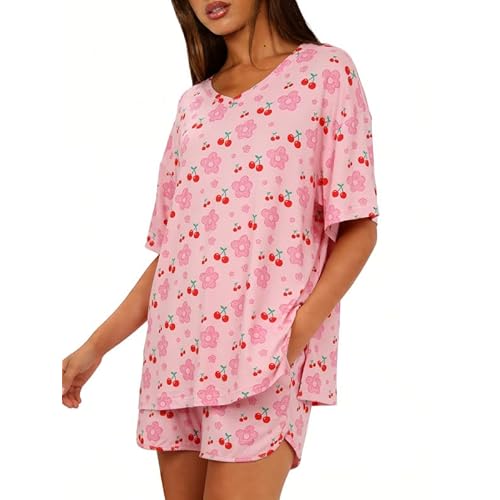 Marvmys Womens Pajama Sets Short Sleeve Pajamas V Neck Sleepwear Oversized Pjs Summer Lounge Sets with Pockets S-XXL Medium Pink Cherry