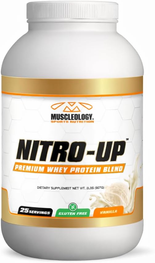 MUSCLEOLOGY Nitro-Up Whey Protein Blend Powder – Vanilla – 2lb | BCAAs, EAAs & Digestive Enzymes