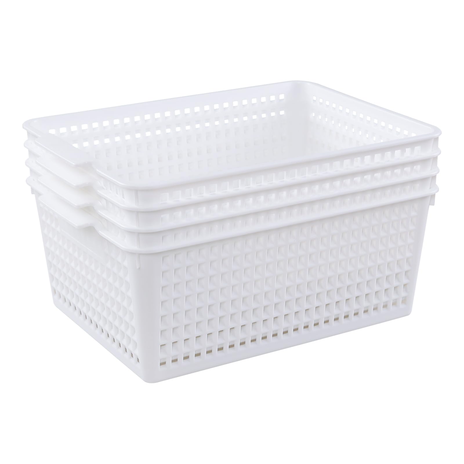 Obstnny White Rectangular Storage Baskets Set of 4, Plastic Kitchen Cupboard Organiser Basket Box