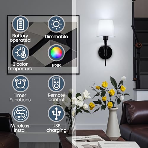 Image of EIDISUNY Vintage Wall Sconces Set of 2, Wireless Wall Lamp with RGB Rechargeable Dimmable Bulbs, Black Battery Operated Wall Sconce with Remote for Bedroom, Living Room, Hallway Bulbs Included