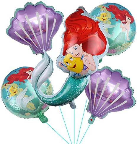 ALLPICK 5PCS Mermaid Princess Foil Balloons For Girls Kids Birthday Little Mermaid Ariel Theme Birthday Party