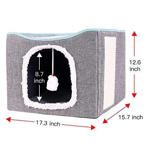 Cat Beds for Indoor Cats -Foldable Cat Cube Cave House with Removable Sisal Rope Cat Scratcher and Fluffy Ball Hanging… - Image 4