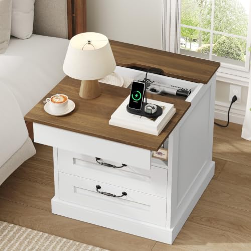 STHYTON Farmhouse Nightstand with Gun Drawer, Hidden Charging Station