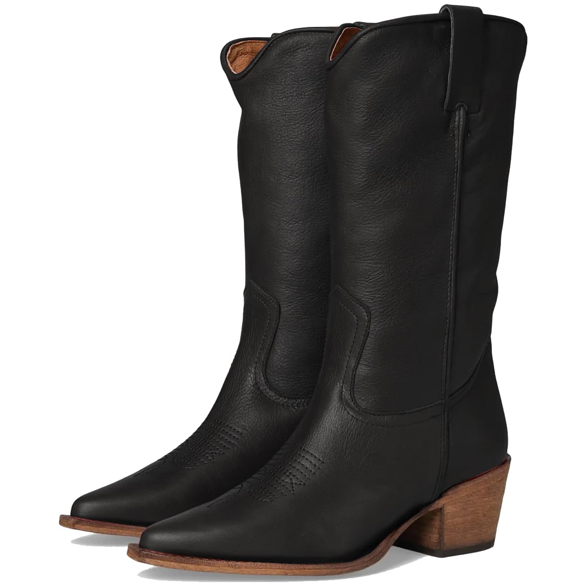 Women Chunky Heel Western Knee High Boots Pointed Toe Pull On Cowboy Boots Block Heels Wide Calf Tall