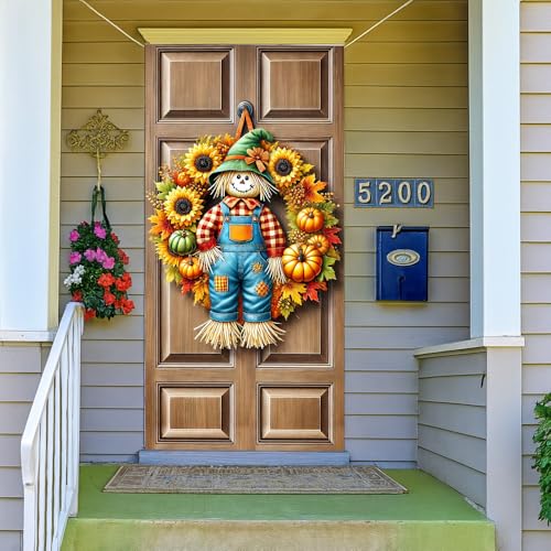 Image of Fall Scarecrow Sunflower Pumpkin Door Cover 35x70in Thanksgiving